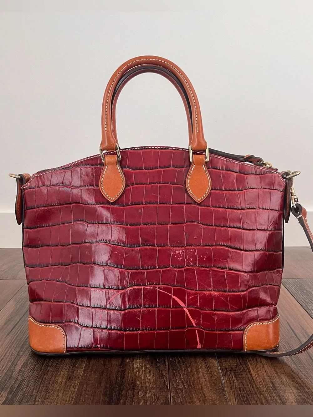 Dooney & Bourke Croc Embossed Leather Satchel Bag Dual Handle Long Strap 3C968